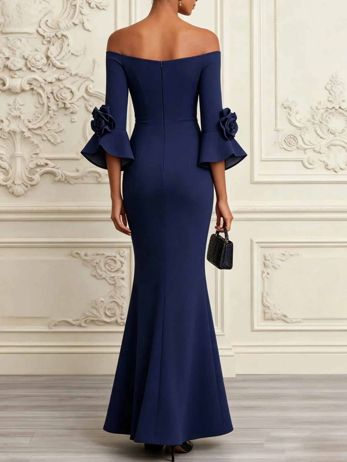 ELENA | NAVY 3D FLORAL MERMAID MAXI DRESS