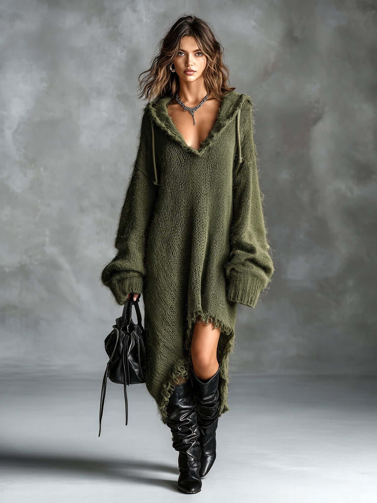 Elena | Relaxed Fuzzy Knit Hooded Dress
