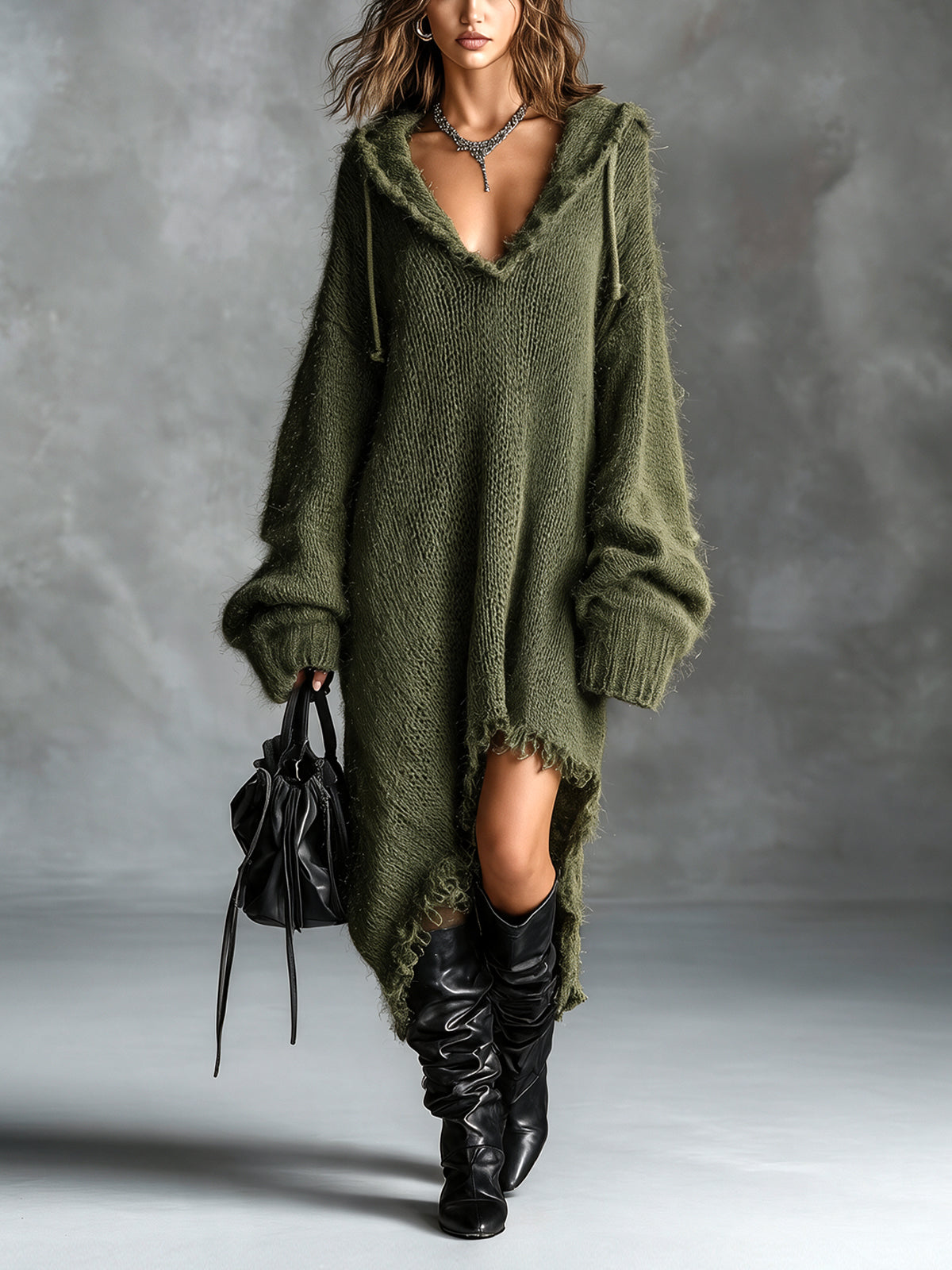 Elena | Relaxed Fuzzy Knit Hooded Dress