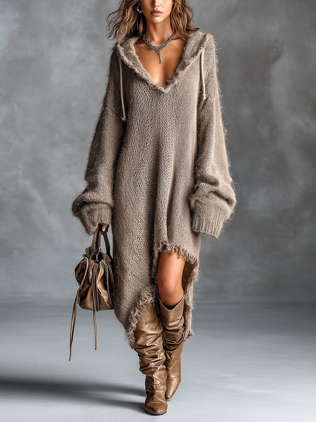 Elena | Relaxed Fuzzy Knit Hooded Dress