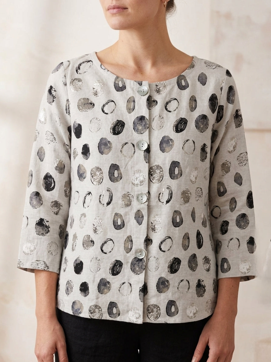 Printed Button-Front Linen Blend Blouse