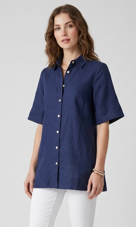 Viscose Blend Button-Front Short Sleeve Shirt