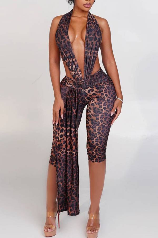 Women Halter Deep V Backless Capri Jumpsuit