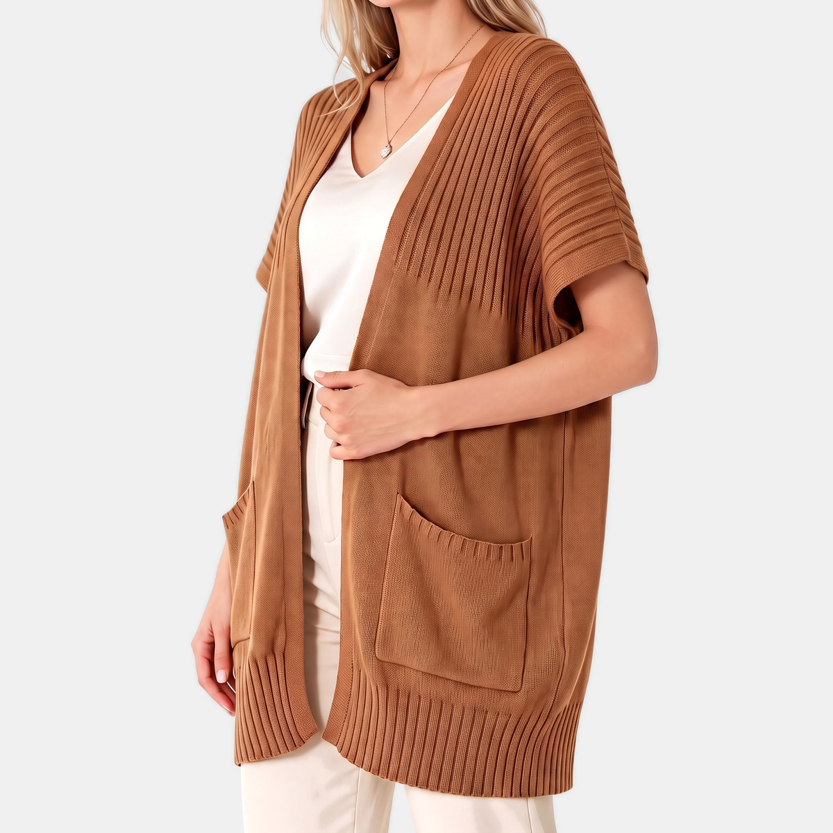 Women's Short Sleeve Cardigan Chunky Ribbed Knit Open Front