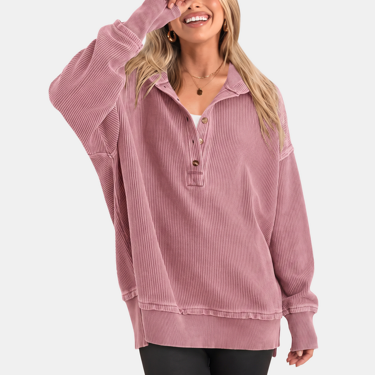 Women's Oversized Waffle Knit Snap Button Hoodie