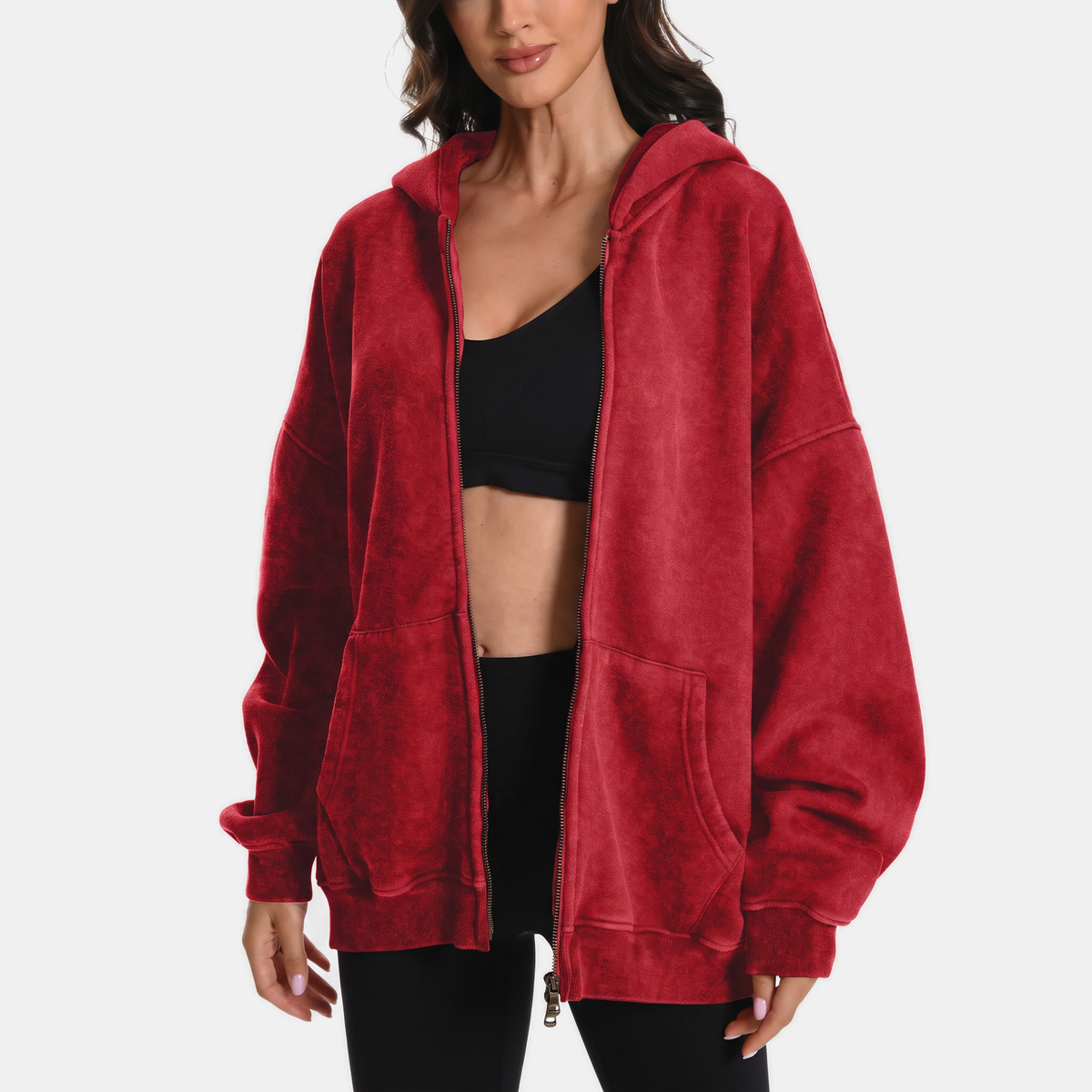 Women's Oversized Zip Up Hoodie Double Zipper Kangaroo Pocket