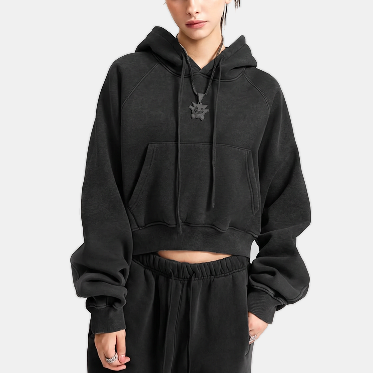 Women's Acid Wash Cropped Oversized Hoodie with Kangaroo Pocket