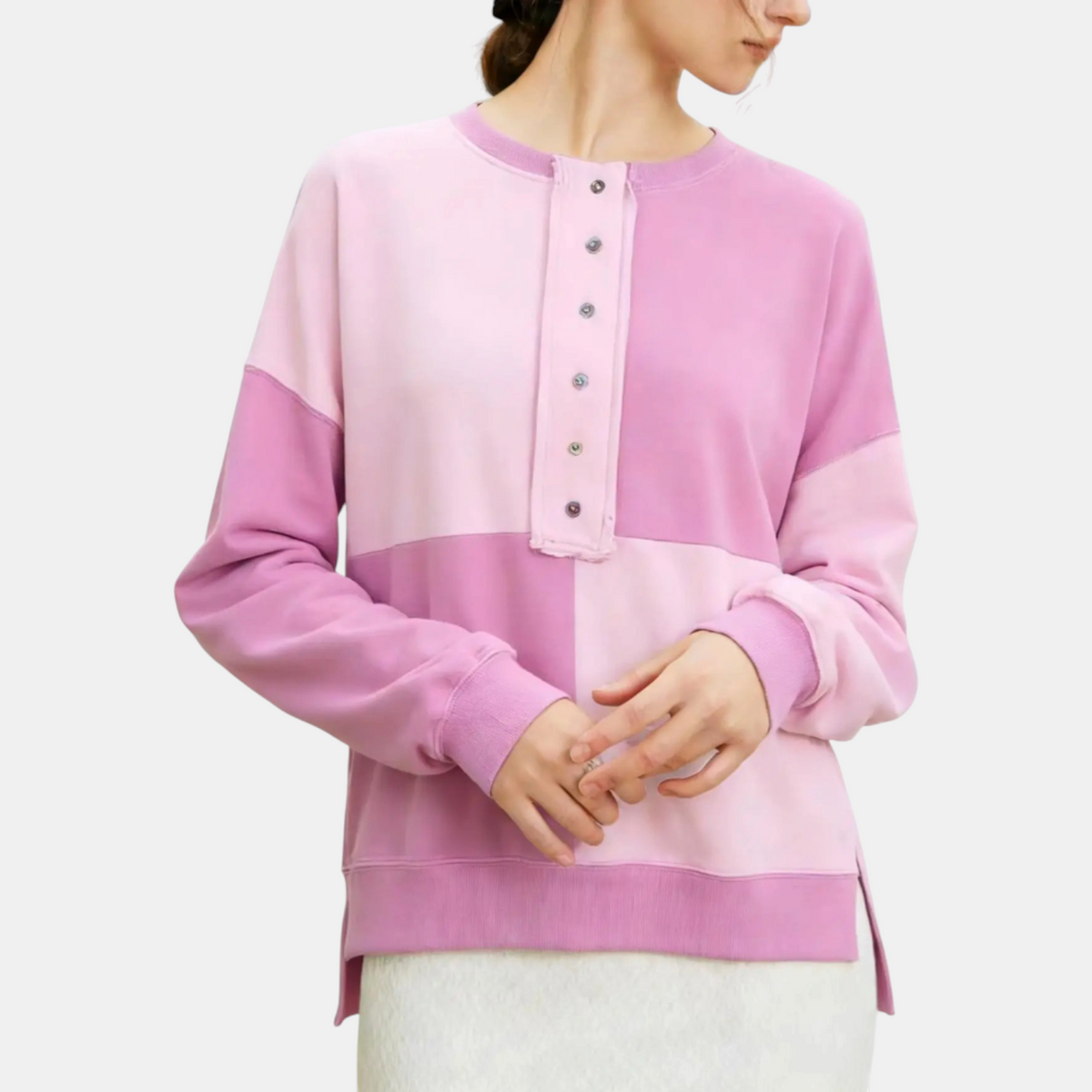 Women's Oversized Colour Block Button Placket Crewneck Sweatshirt