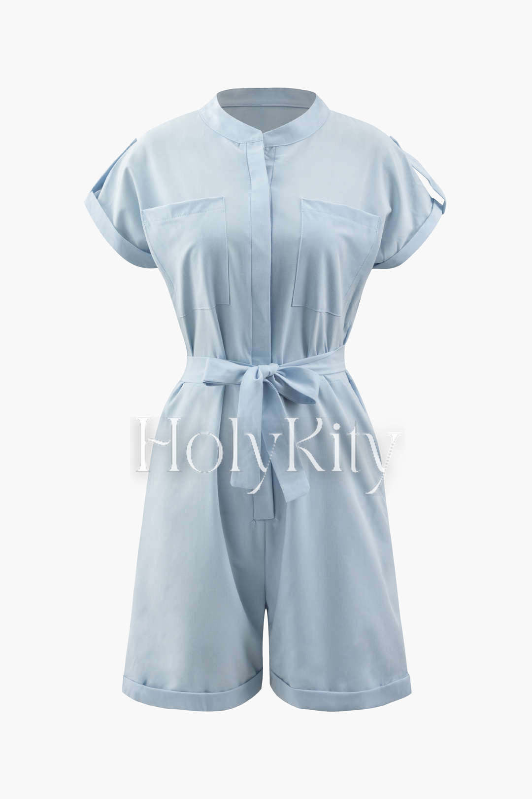 Chest Pocket Rolled Hem Belted Romper