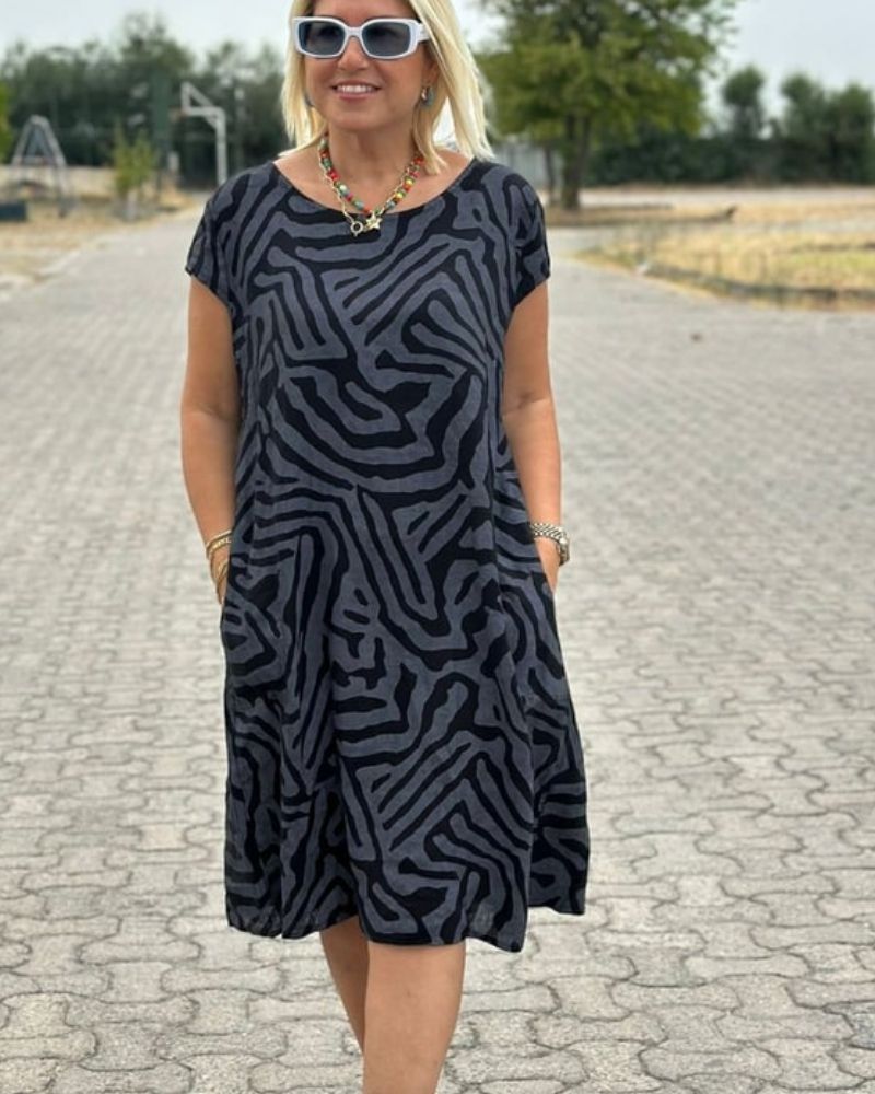Aria | Abstract Print Midi Dress – Relaxed Fit with Pockets