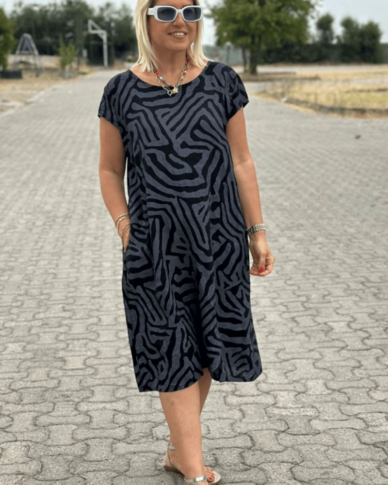 Aria | Abstract Print Midi Dress – Relaxed Fit with Pockets