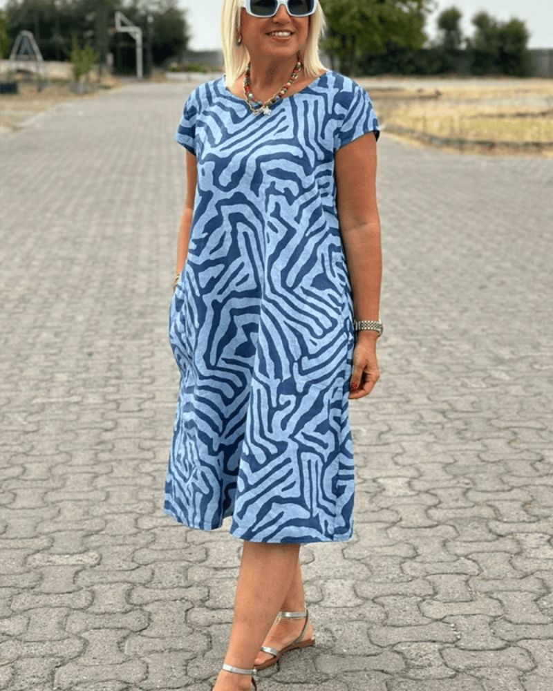 Aria | Abstract Print Midi Dress – Relaxed Fit with Pockets