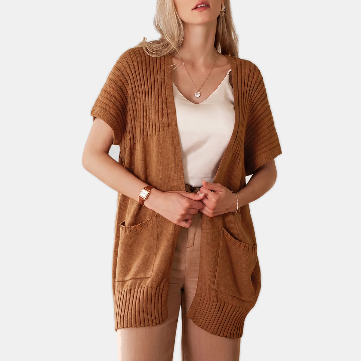 Women's Short Sleeve Cardigan Chunky Ribbed Knit Open Front