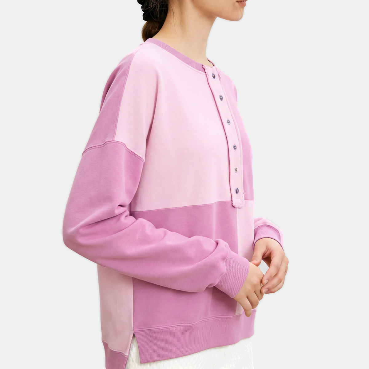 Women's Oversized Colour Block Button Placket Crewneck Sweatshirt