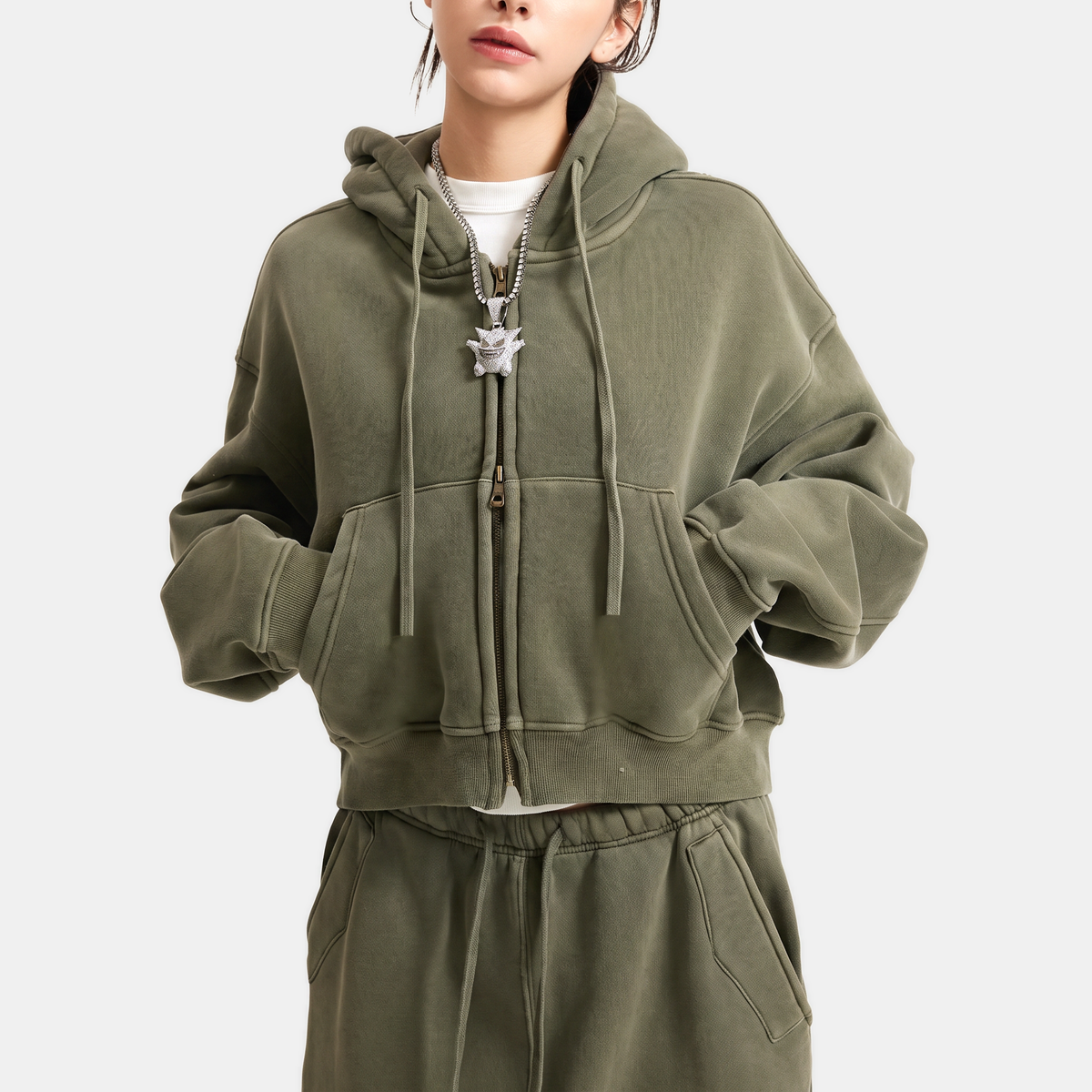 Women's Acid Wash Cropped Zip Up Hoodie Fleece Sweatshirt