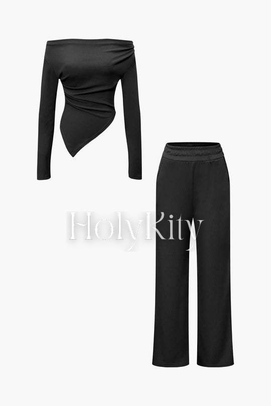 Off Shoulder Ruched Asymmetric Top And Straight Leg Pants Set