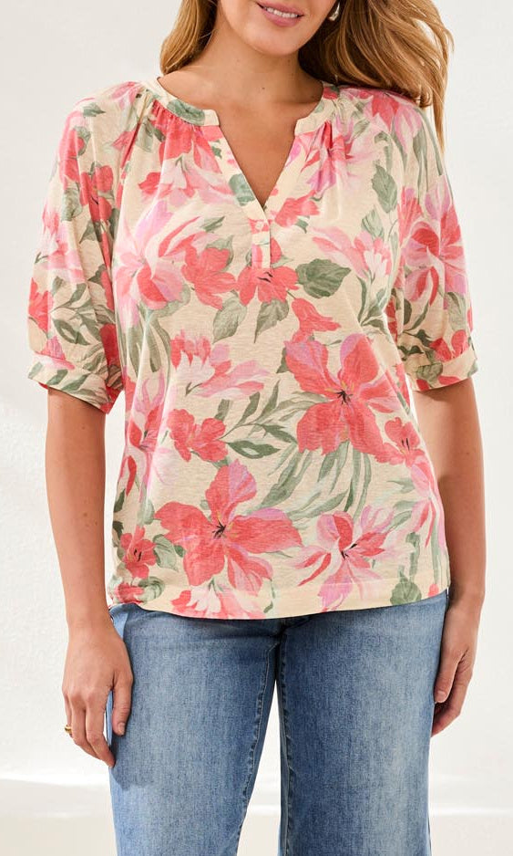 Floral Split Neck Blouse with Puff Sleeves