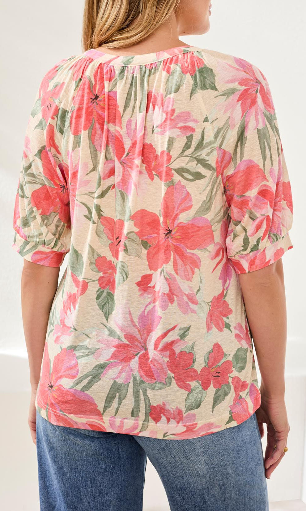 Floral Split Neck Blouse with Puff Sleeves