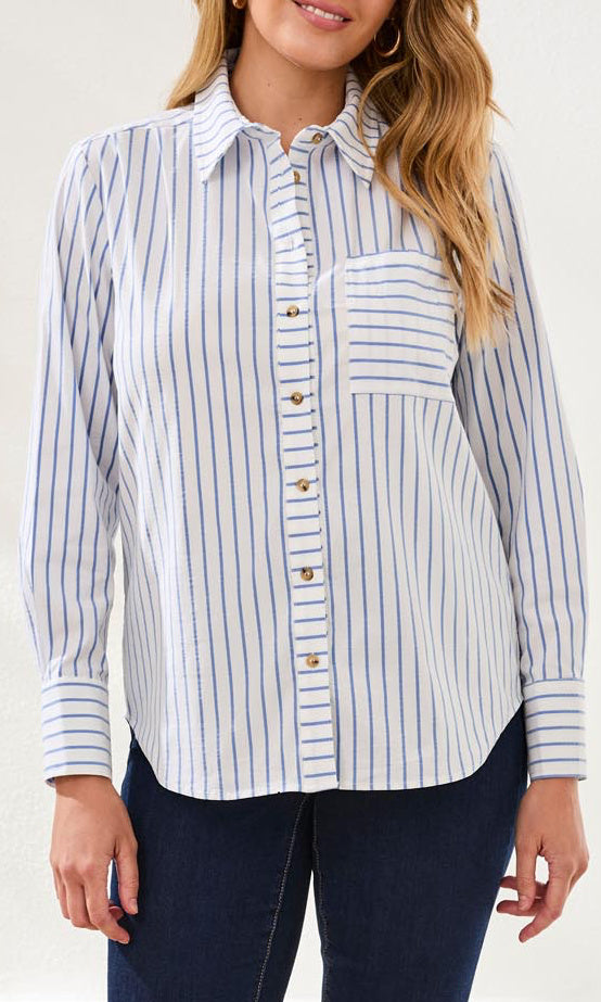 Striped Button-Up Long Sleeve Shirt with Chest Pocket