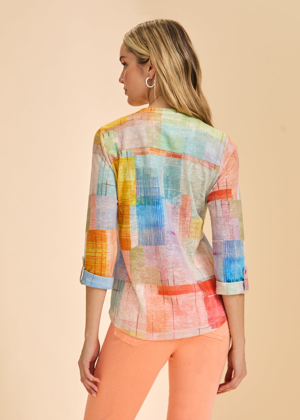 Henley Roll-Tab Sleeve Blouse