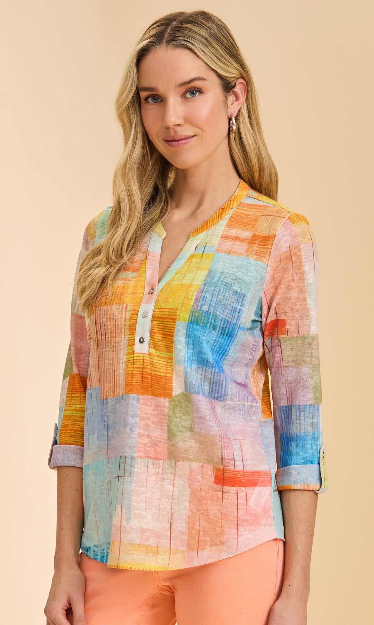 Henley Roll-Tab Sleeve Blouse