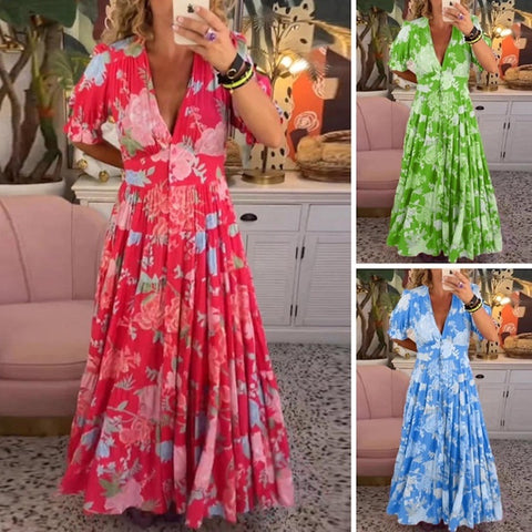 Orla™ Elegant Printed Dress with V-Neck and Pockets