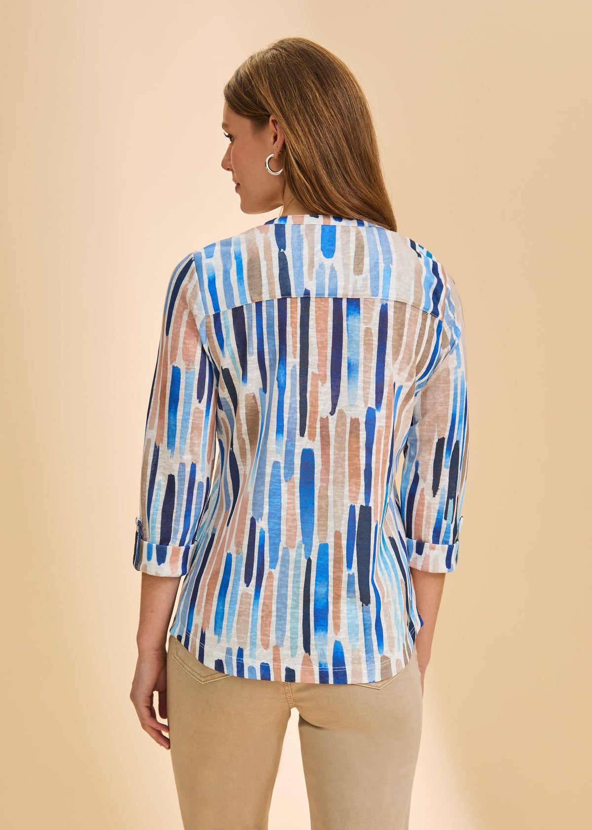 Abstract Stripe Roll-Tab Sleeve Blouse