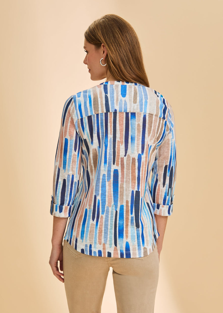 Abstract Stripe Roll-Tab Sleeve Blouse