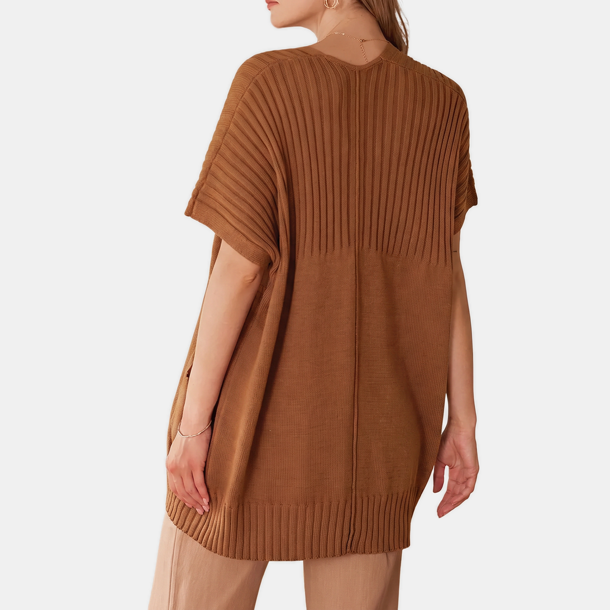 Women's Short Sleeve Cardigan Chunky Ribbed Knit Open Front