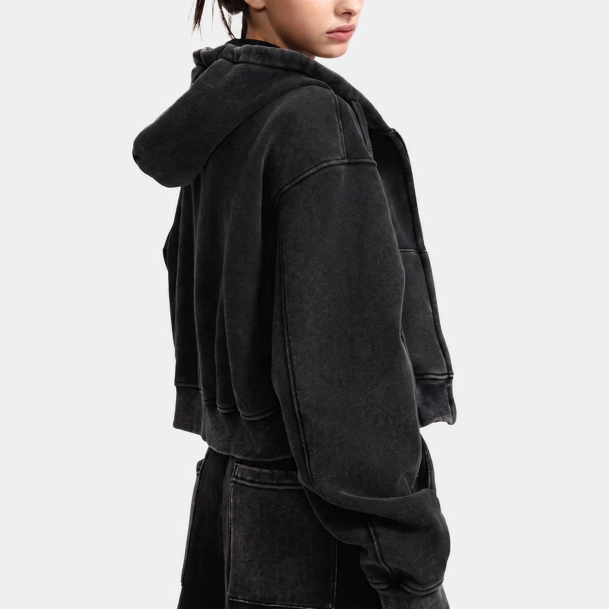 Women's Acid Wash Cropped Zip Up Hoodie Fleece Sweatshirt