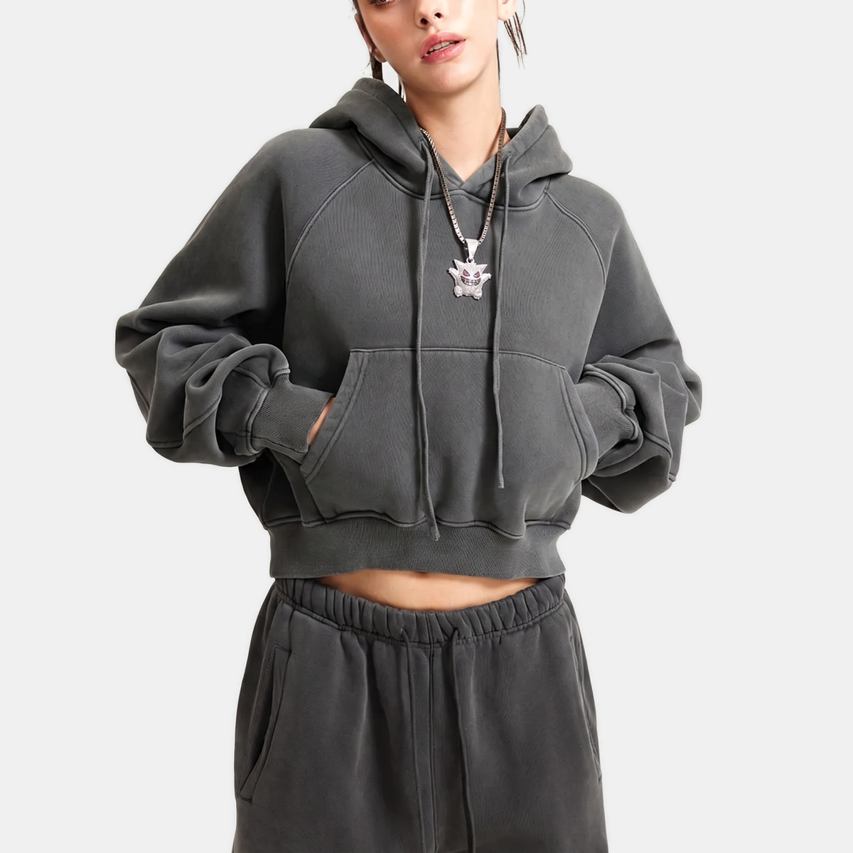 Women's Acid Wash Cropped Oversized Hoodie with Kangaroo Pocket