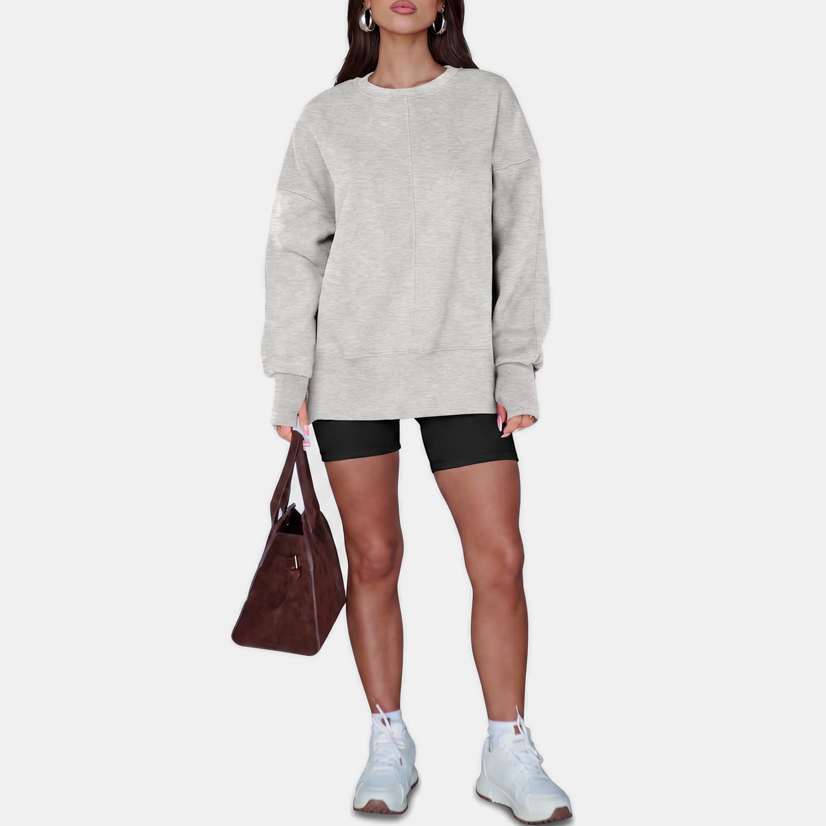 Women's Oversized Crewneck Sweatshirt Drop Shoulder Side Slit Hem