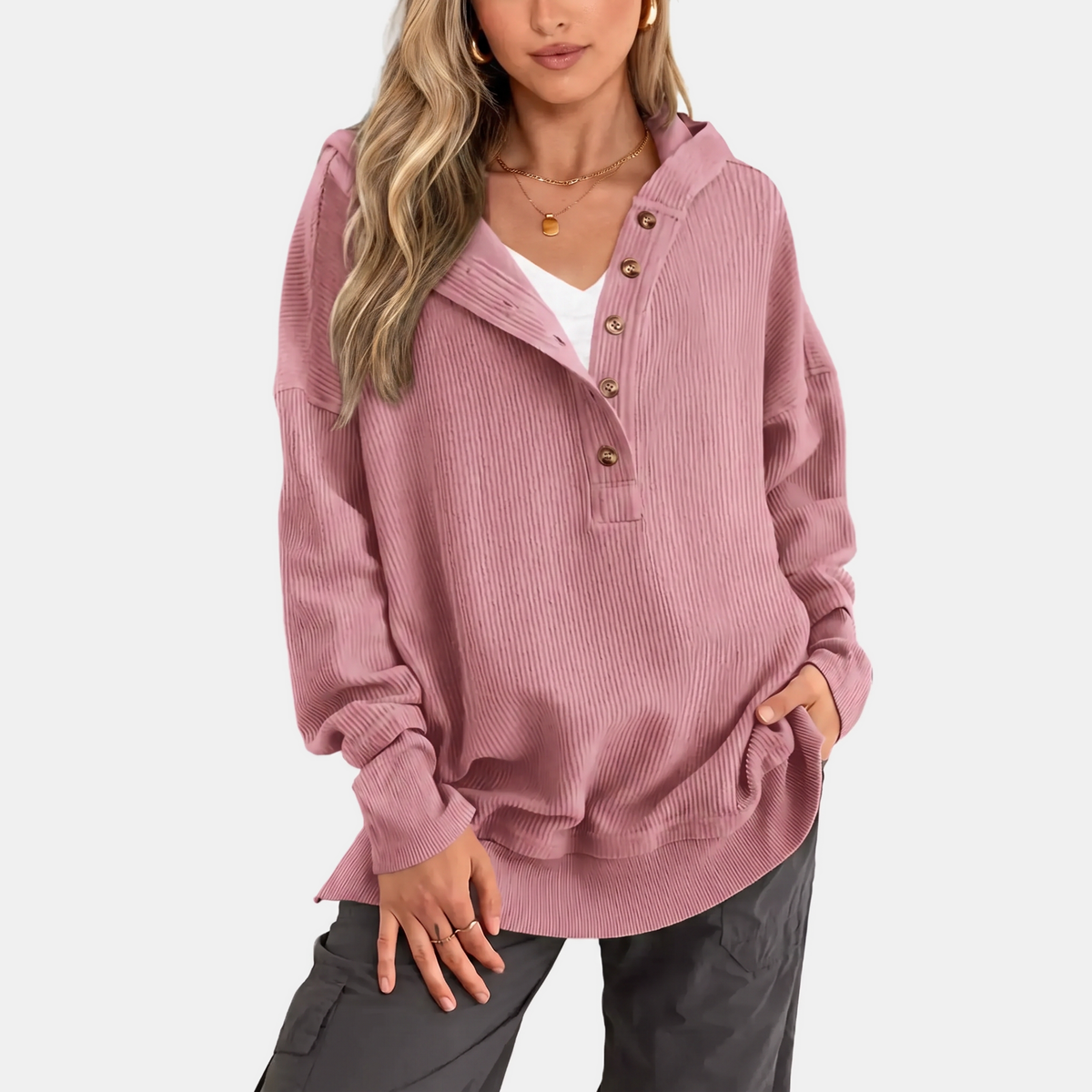 Women's Oversized Waffle Knit Snap Button Hoodie
