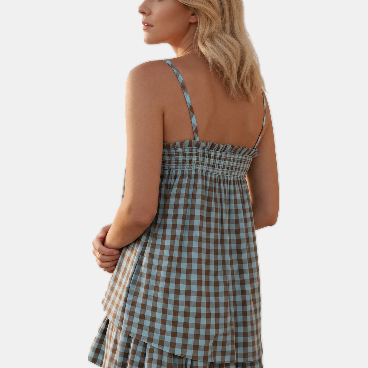 Women's Smocked Ruffle Trim Gingham Cami Top and Shorts Set