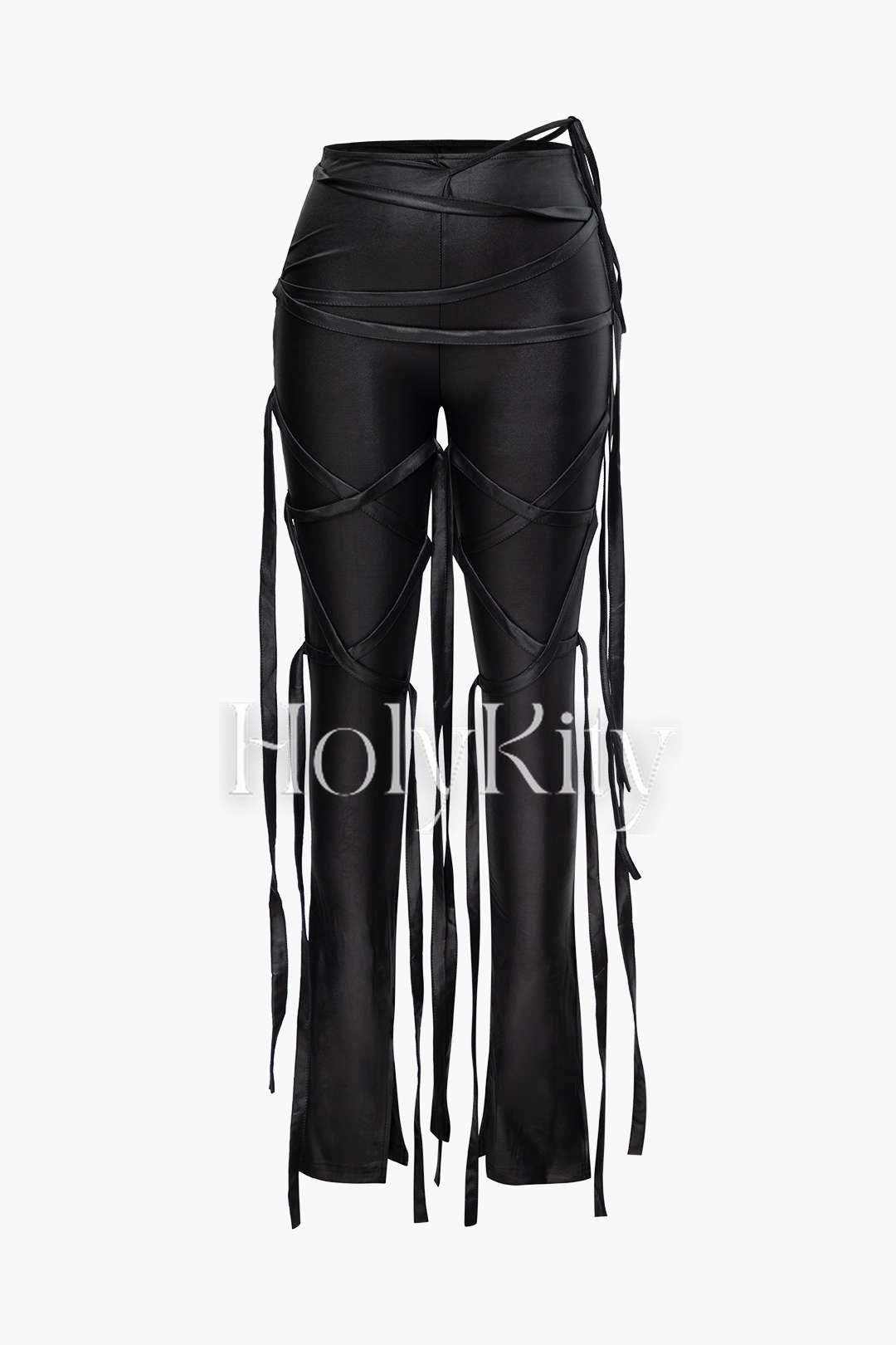 Faux Leather One Shoulder Tank Top And Fringe Skinny Pants Set