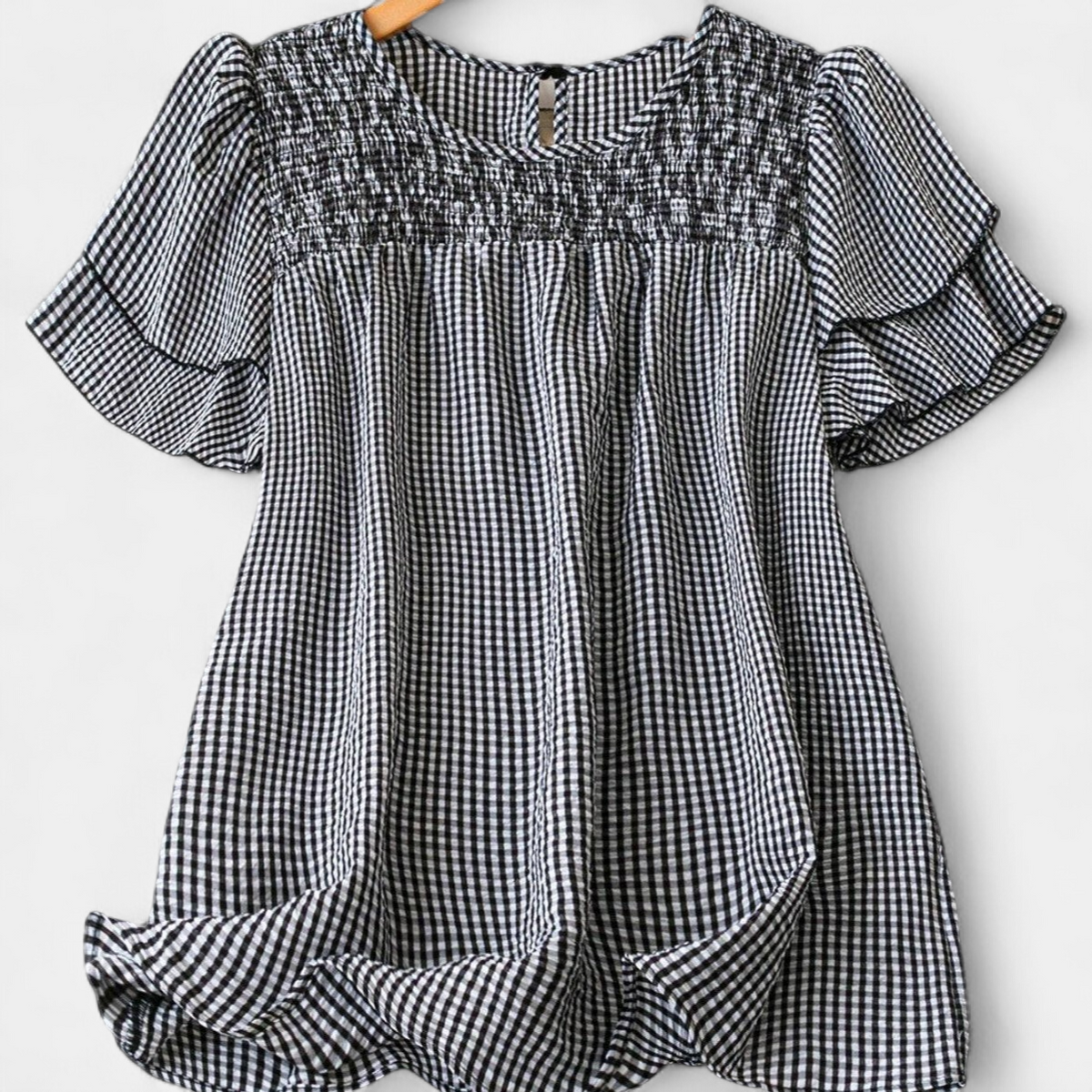 KRISTEL | Vintage Flowy Checkered Puff Sleeve Blouse