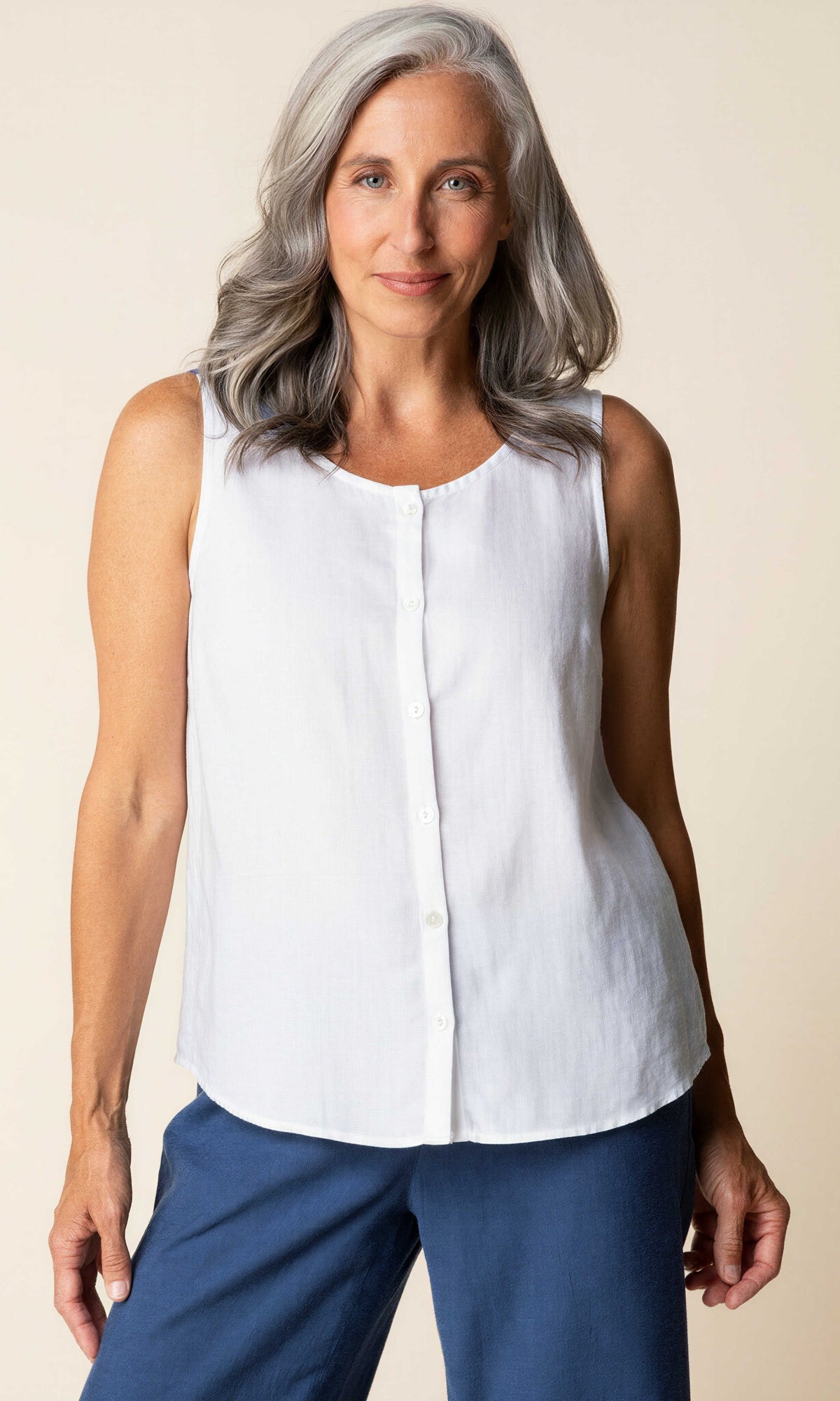Linen Cotton Sleeveless Button-Front Blouse