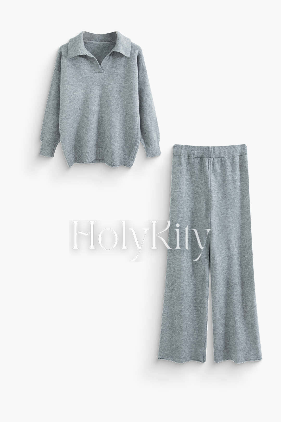 Solid Knit Polo Top And Wide Leg Pants Set