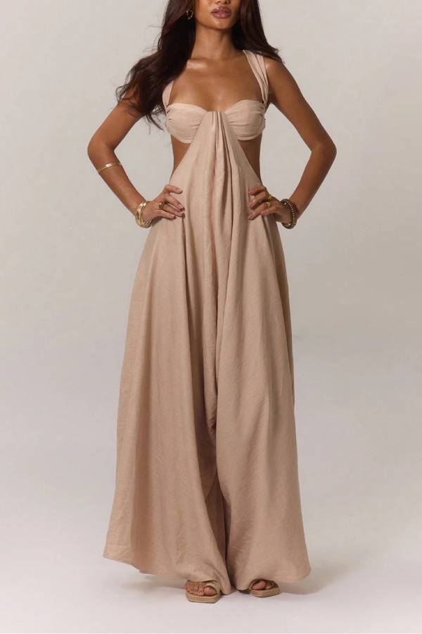 Halter Bralette Side Cut Out Wide Leg Jumpsuit