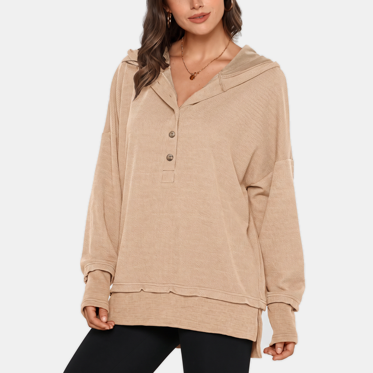 Women's Oversized Waffle Knit Snap Button Hoodie
