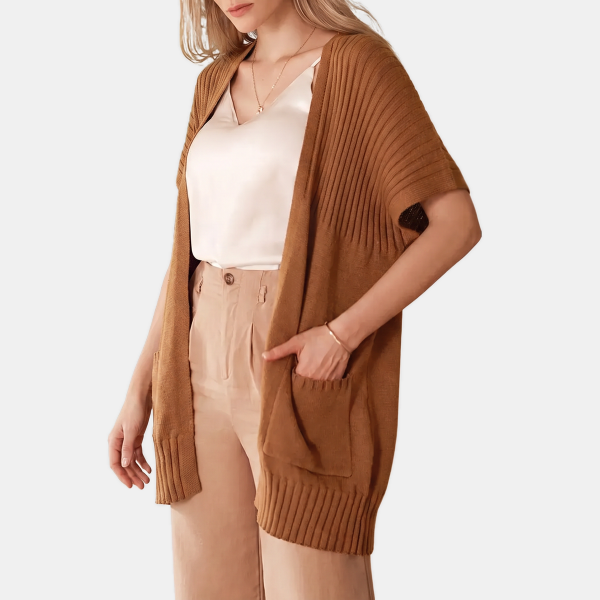 Women's Short Sleeve Cardigan Chunky Ribbed Knit Open Front