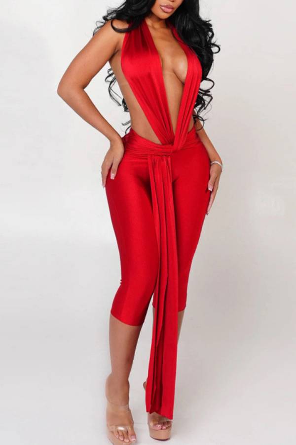 Women Halter Deep V Backless Capri Jumpsuit