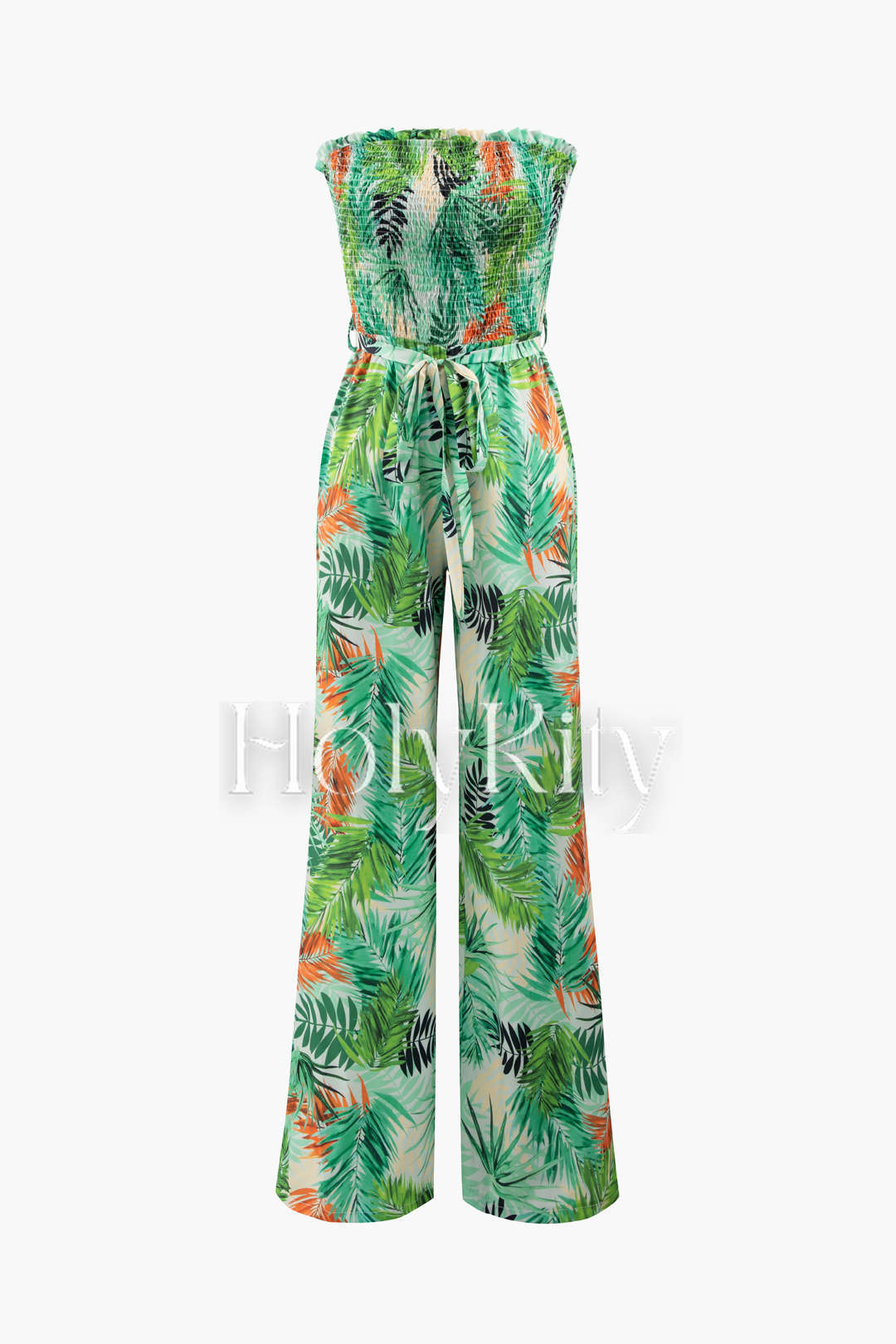 Tropical Print Belted Strapless Wide Leg Jumpsuit