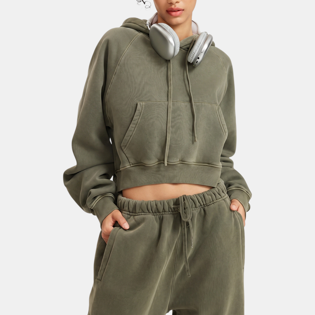 Women's Acid Wash Cropped Oversized Hoodie with Kangaroo Pocket
