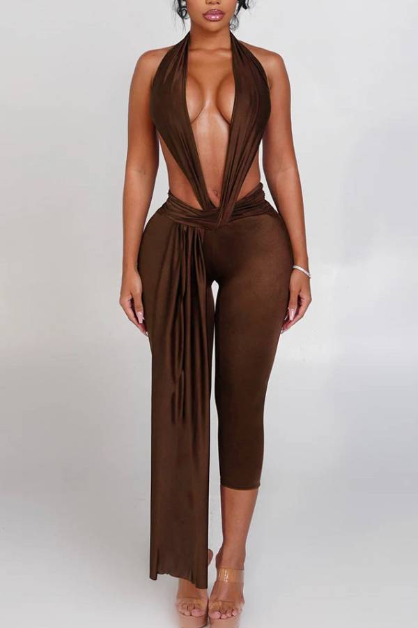 Women Halter Deep V Backless Capri Jumpsuit