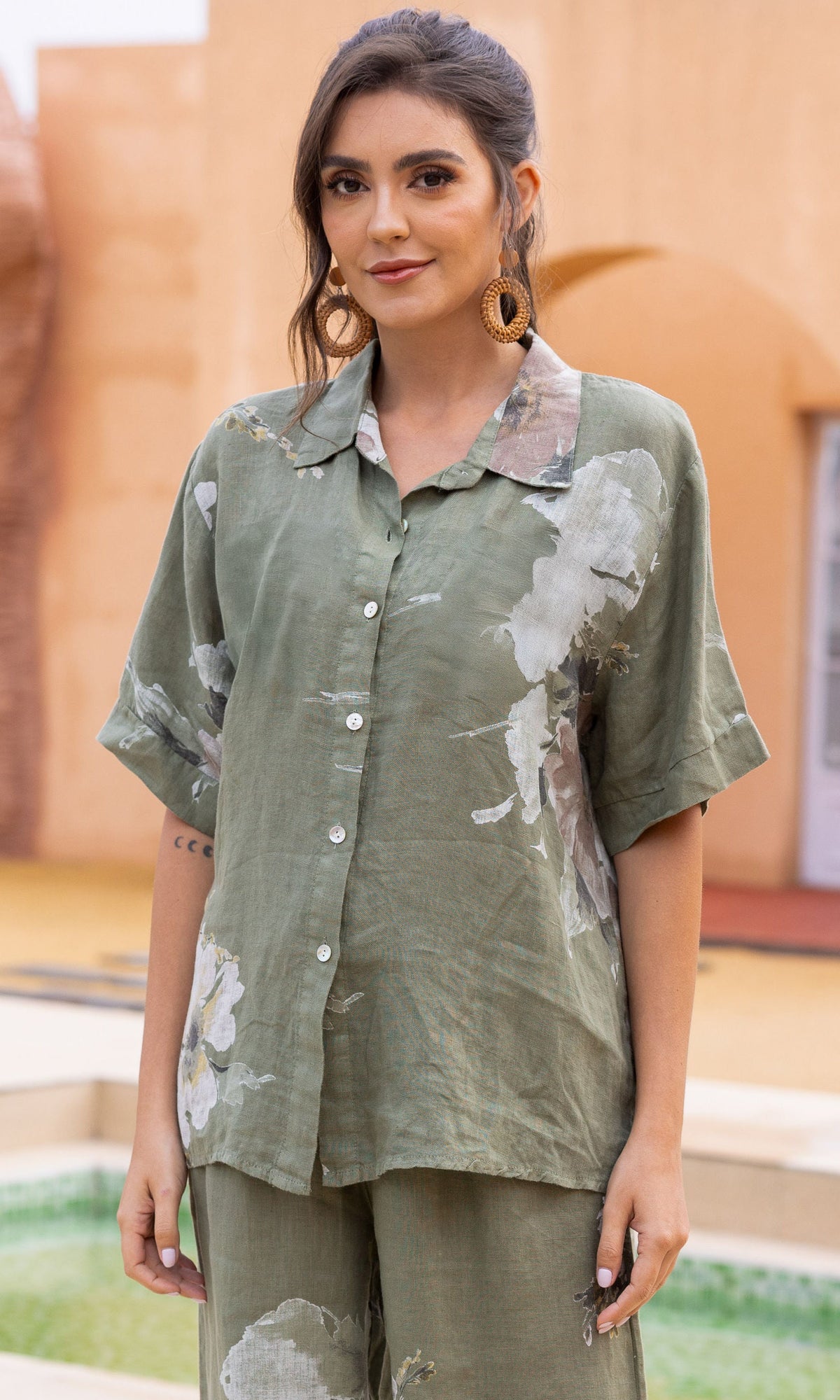 Floral Print Linen Button Front Shirt