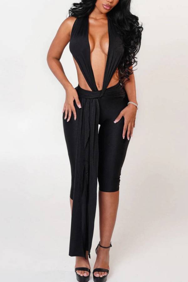 Women Halter Deep V Backless Capri Jumpsuit