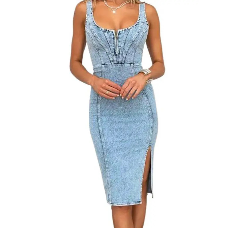 TATIANA – Slim-Fit Denim Side Slit Midi Dress