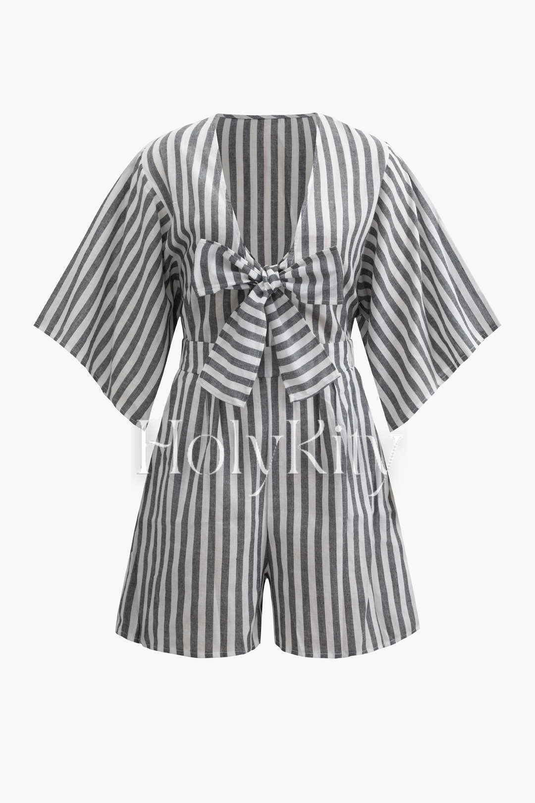 Linen-Blend Stripe Bow Front Romper
