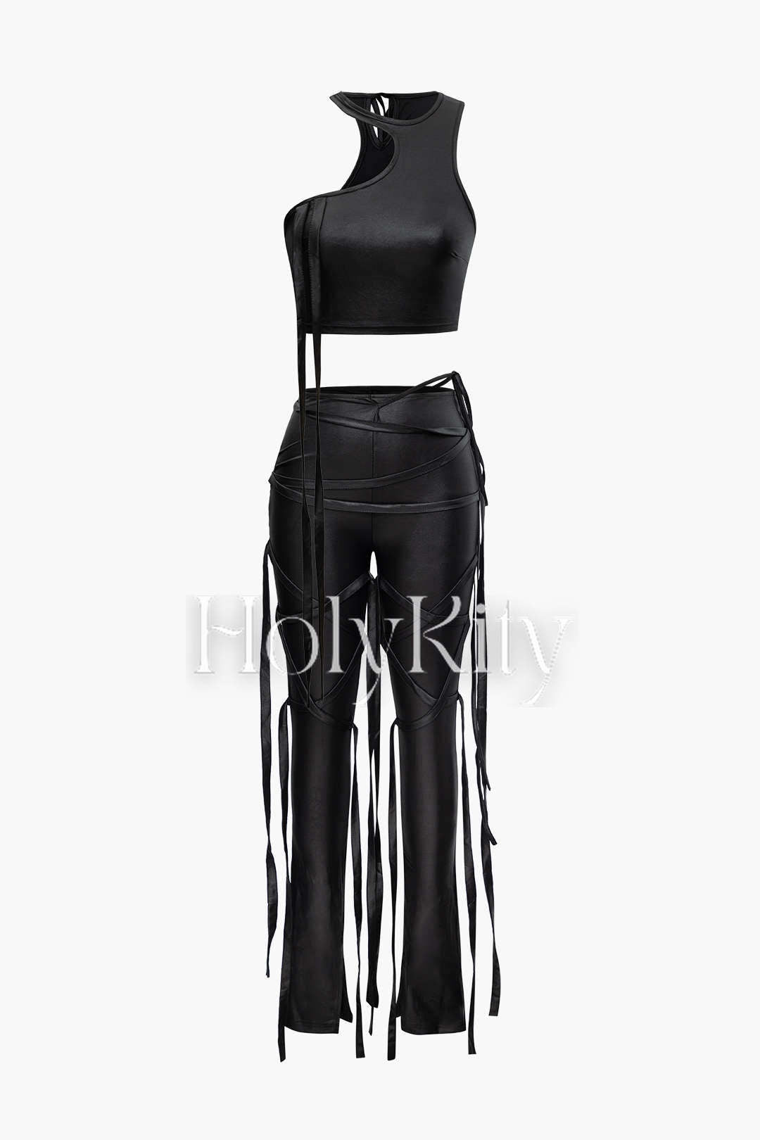 Faux Leather One Shoulder Tank Top And Fringe Skinny Pants Set